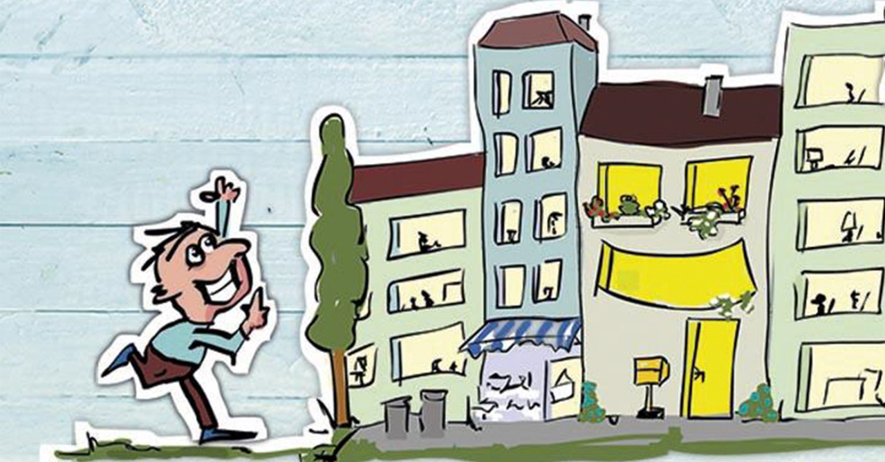Karikatur Person vor Häuserzeile
